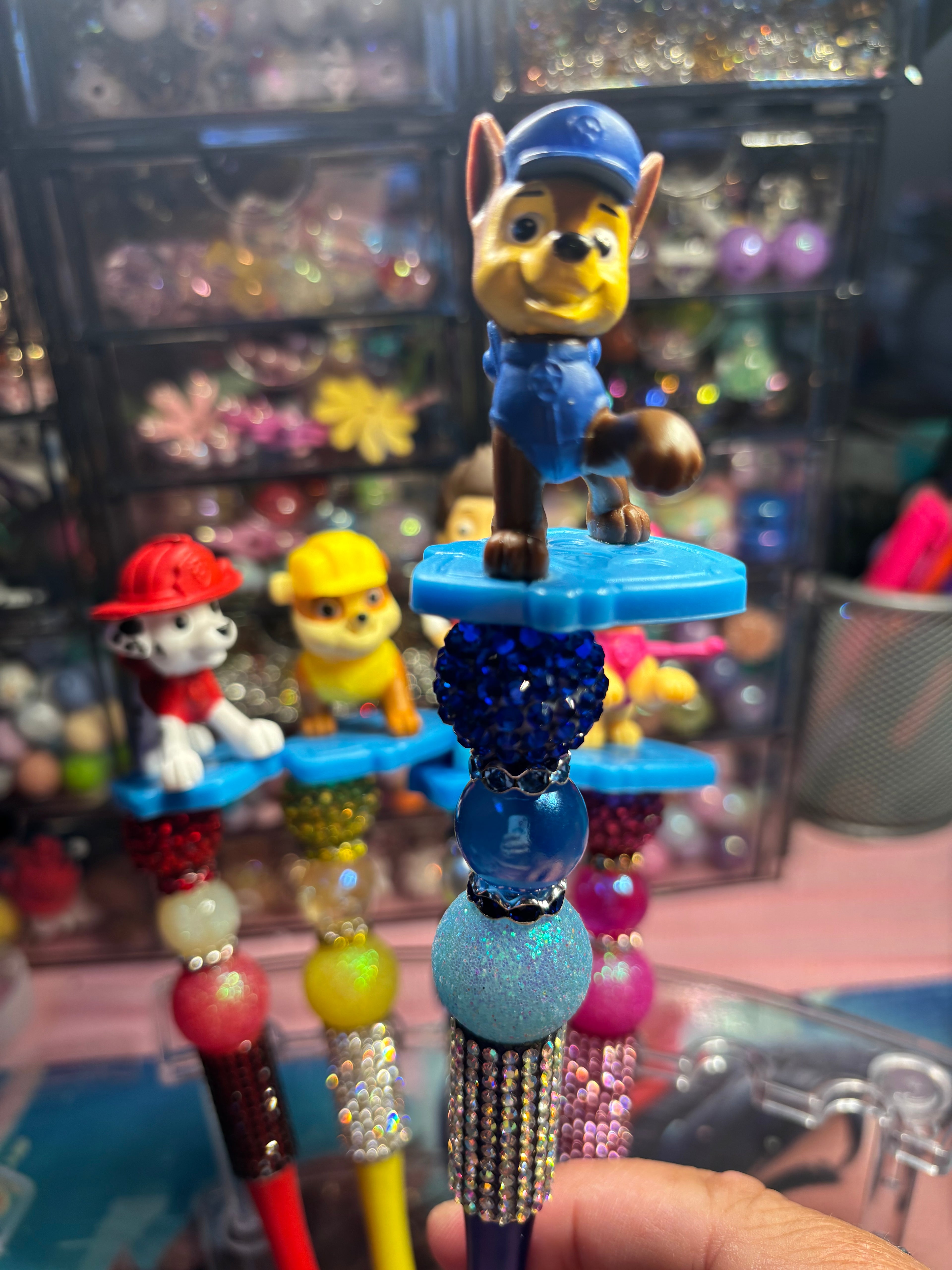 🐾 Paw Patrol Inspired Beaded Pens – Cute Handmade Rhinestone Pens – Character Desk Accessories – Refillable Novelty Pens