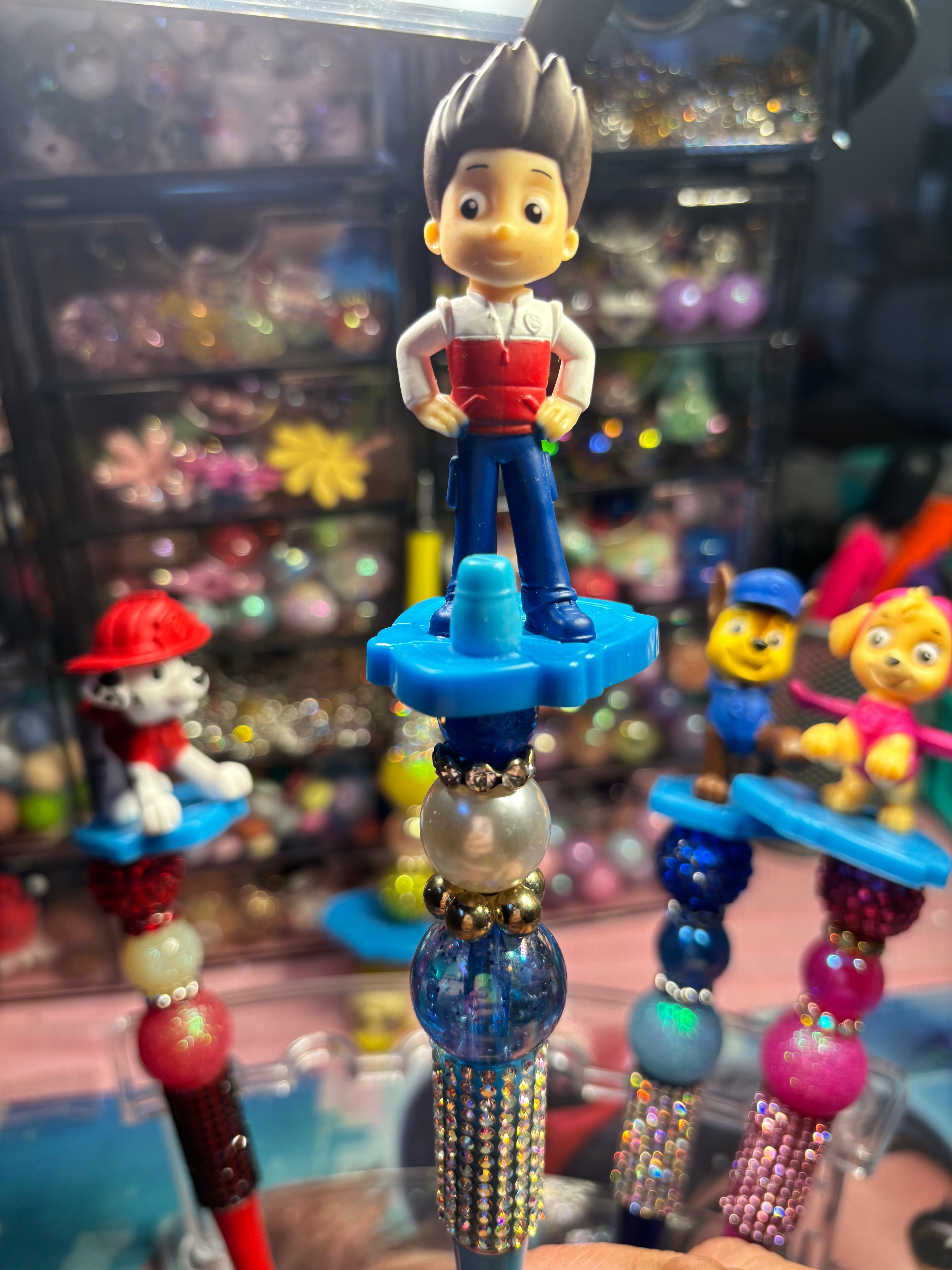 🐾 Paw Patrol Inspired Beaded Pens – Cute Handmade Rhinestone Pens – Character Desk Accessories – Refillable Novelty Pens