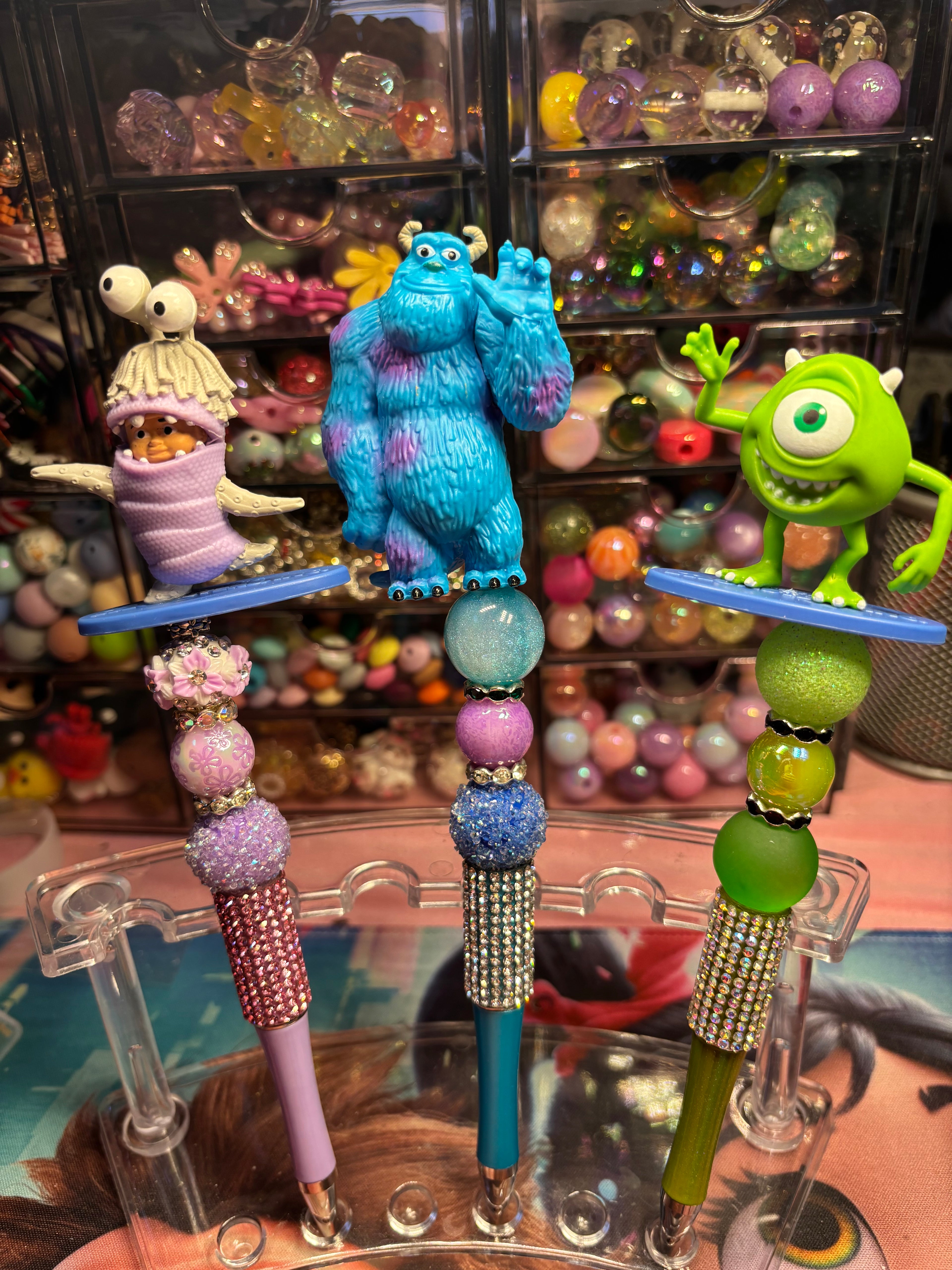 👹 Monsters Inspired Beaded Pens – Cute Handmade Rhinestone Pens – Character Desk Accessories – Refillable Novelty Pens
