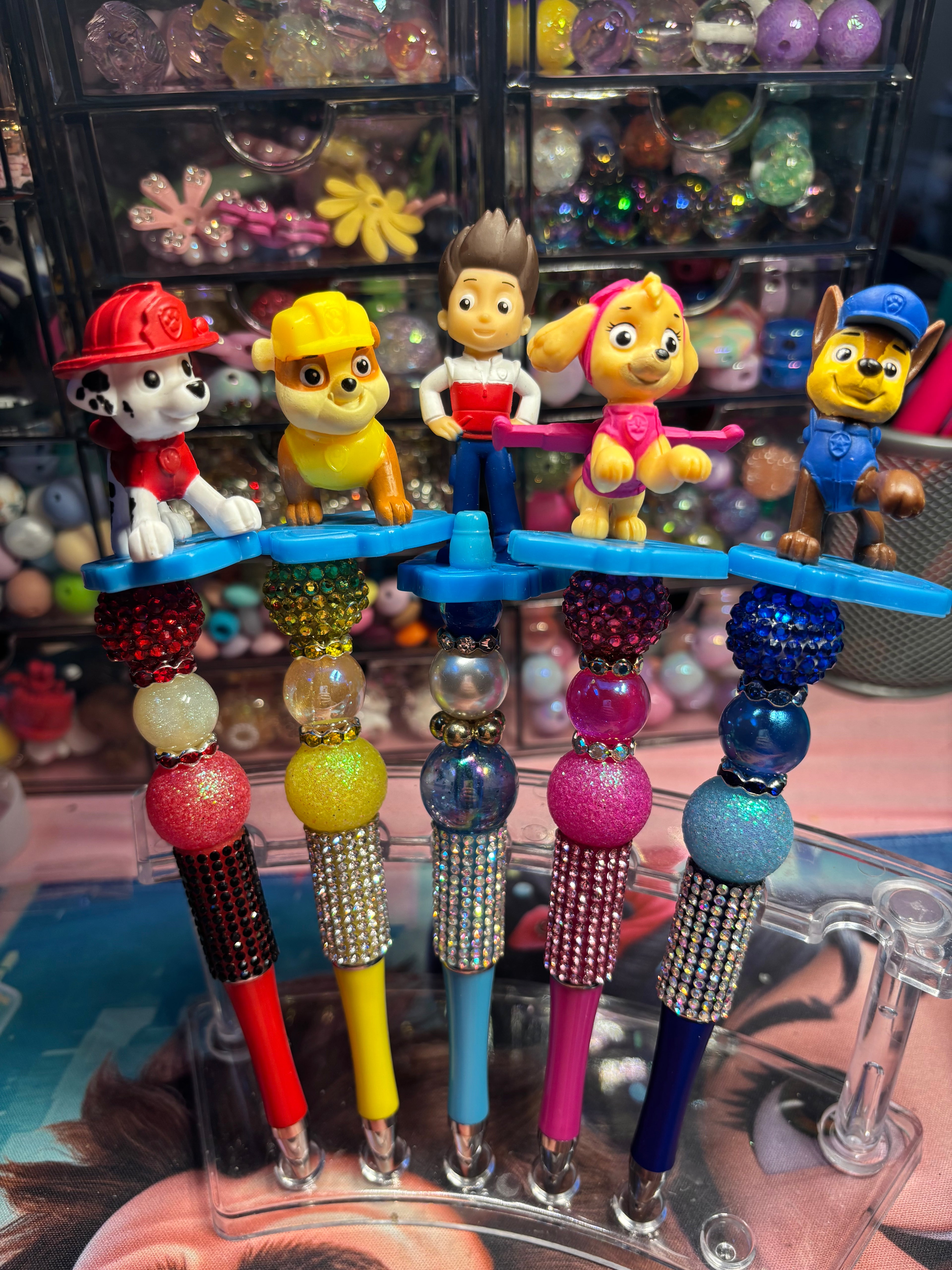 🐾 Paw Patrol Inspired Beaded Pens – Cute Handmade Rhinestone Pens – Character Desk Accessories – Refillable Novelty Pens