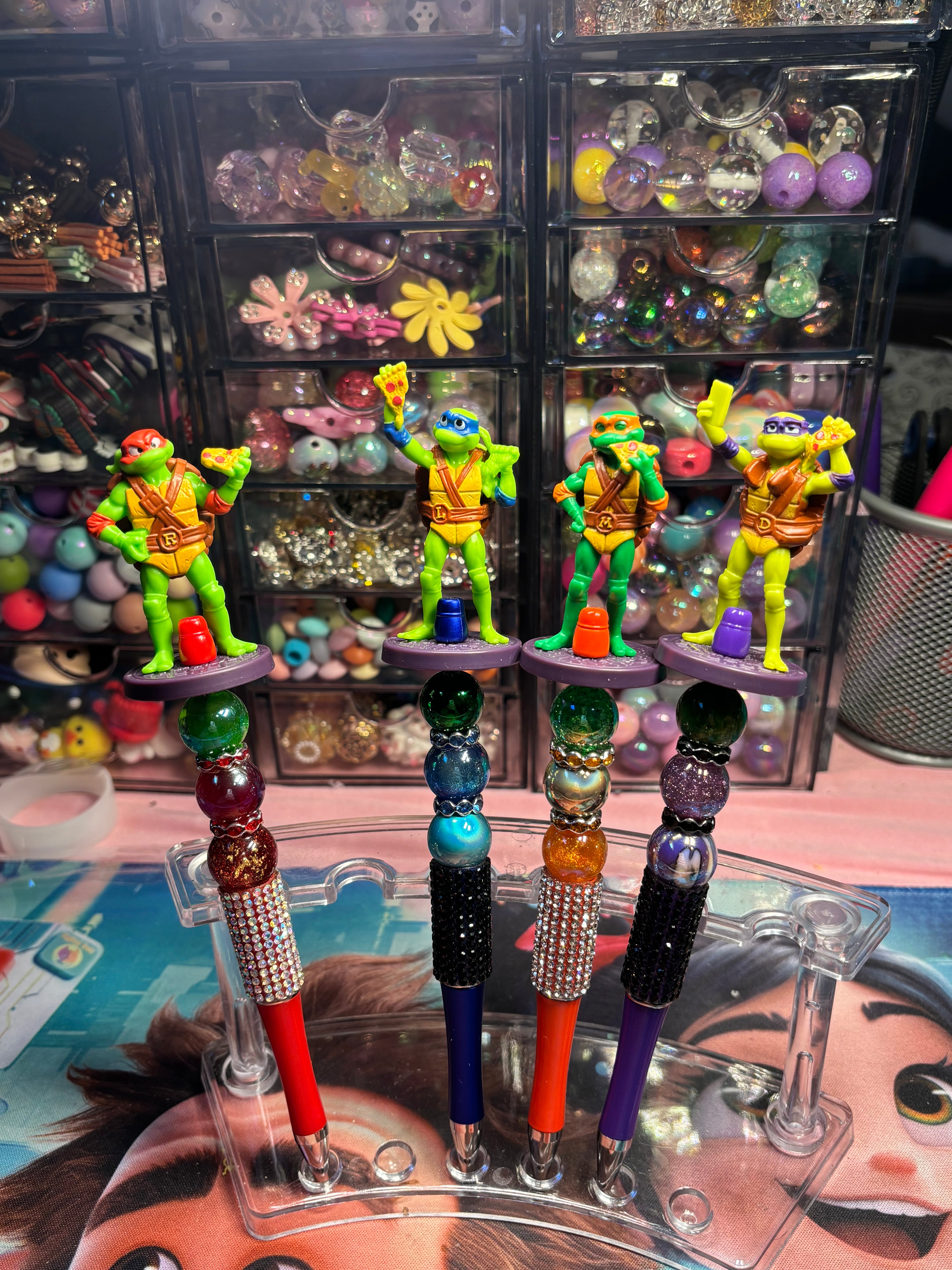 🐢 Ninja Turtle Inspired Beaded Pens – Cute Handmade Rhinestone Pens – Character Desk Accessories – Refillable Novelty Pens