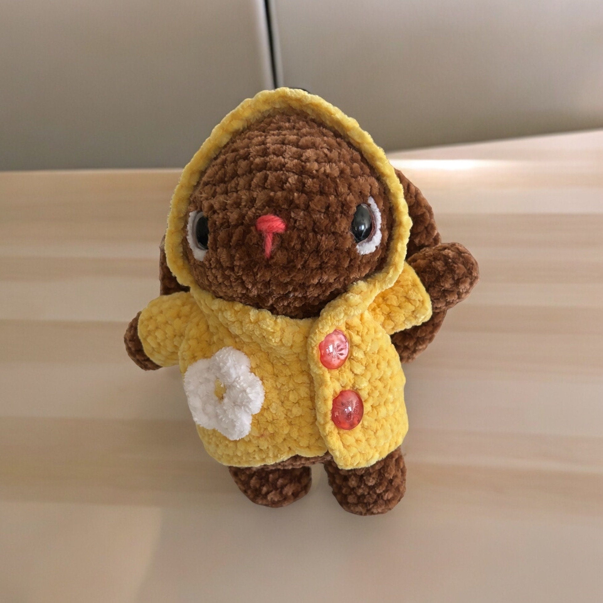 Amigurimi crochet bunny in rain coat