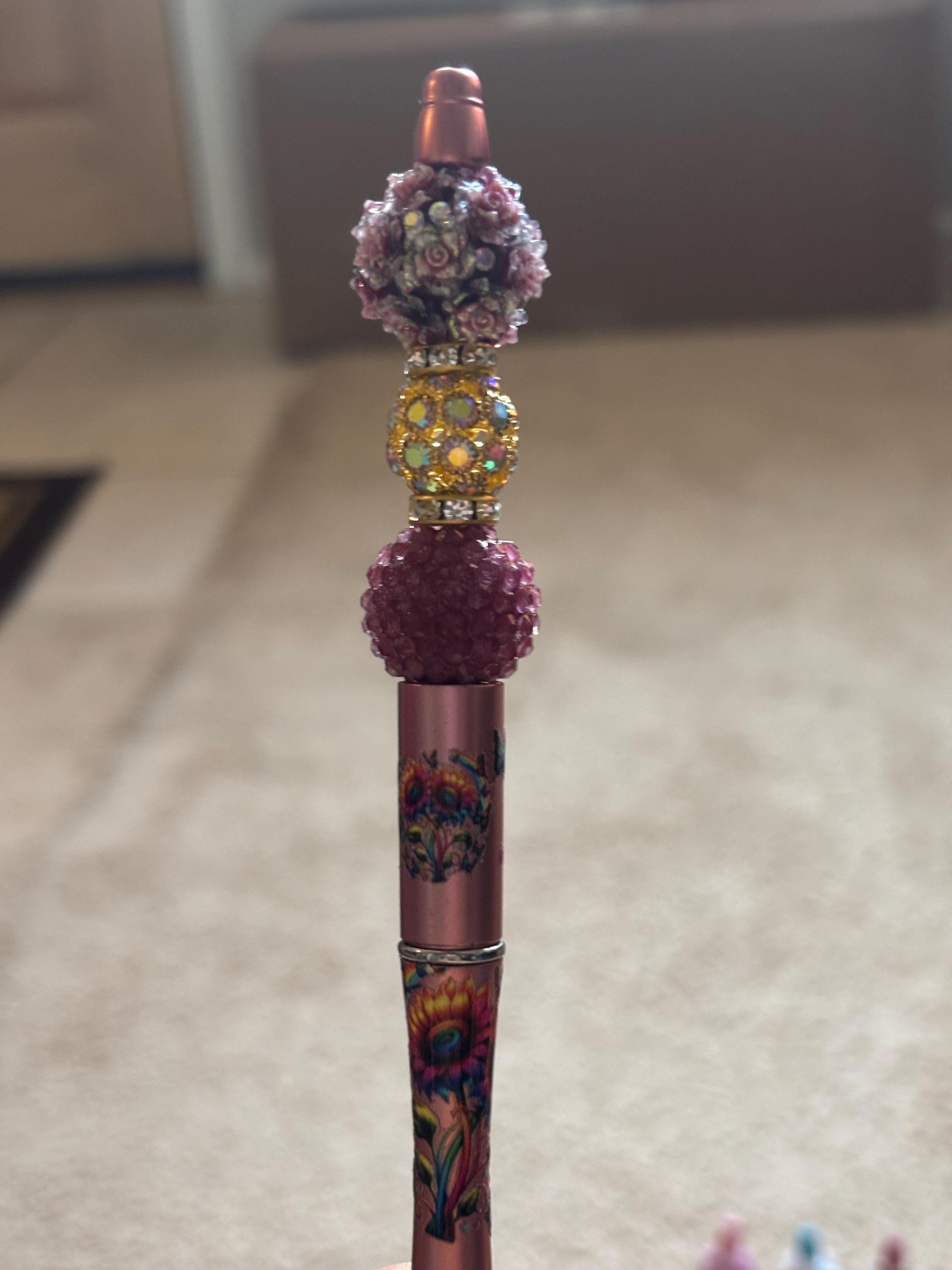 Elegant Beaded Pen • Floral & Wing Design, Extra Black Ink