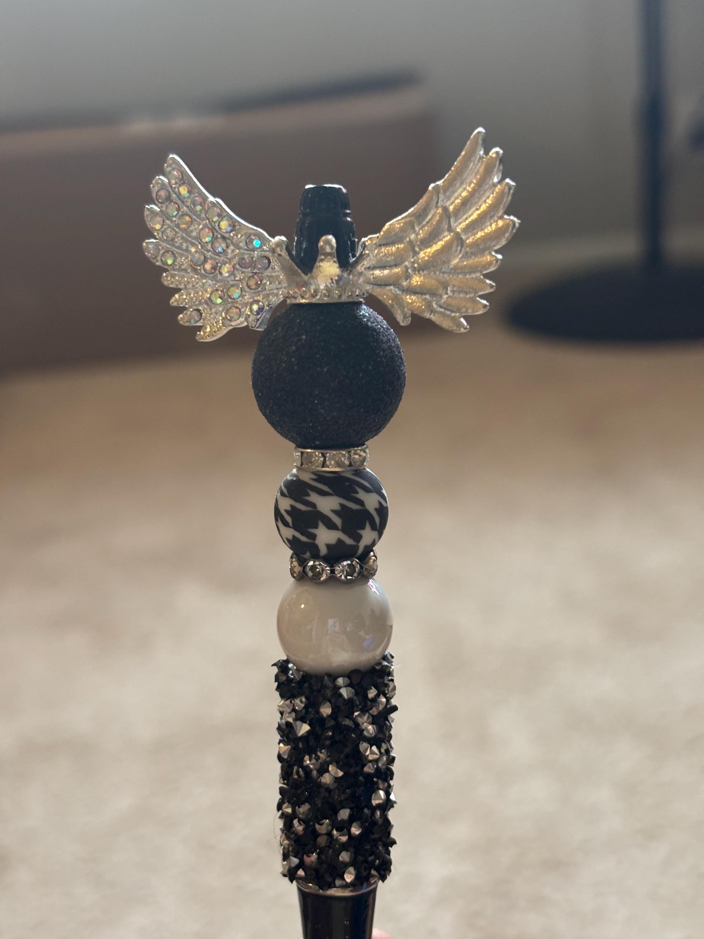 Elegant Beaded Pen • Floral & Wing Design, Extra Black Ink