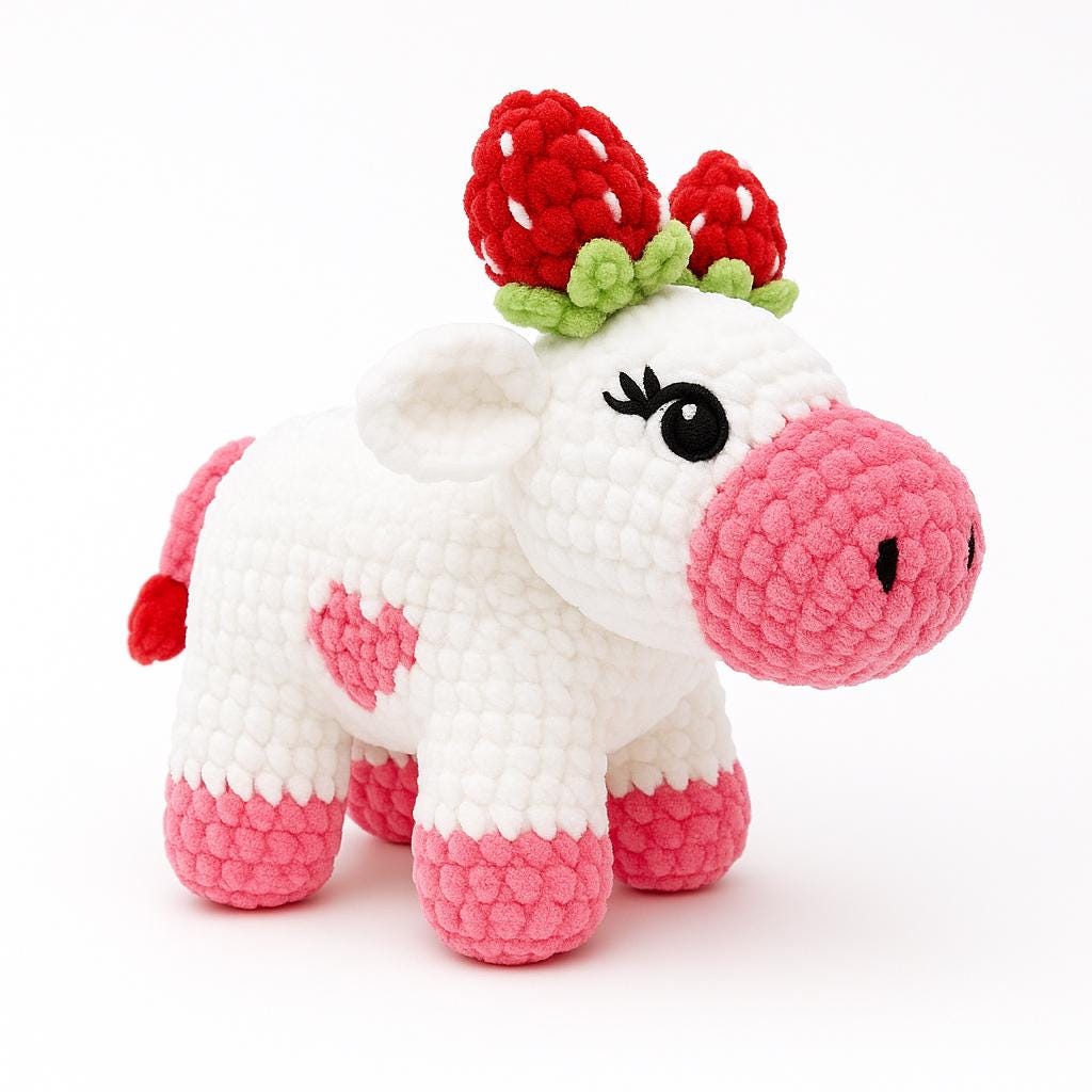 Handmade Chenille Strawberry Cow Plush – Crochet Amigurumi