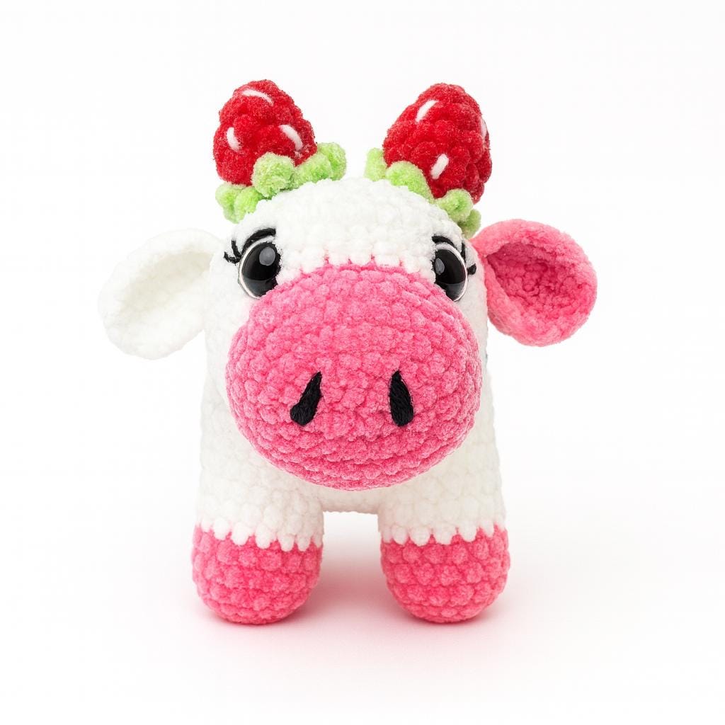 Handmade Chenille Strawberry Cow Plush – Crochet Amigurumi