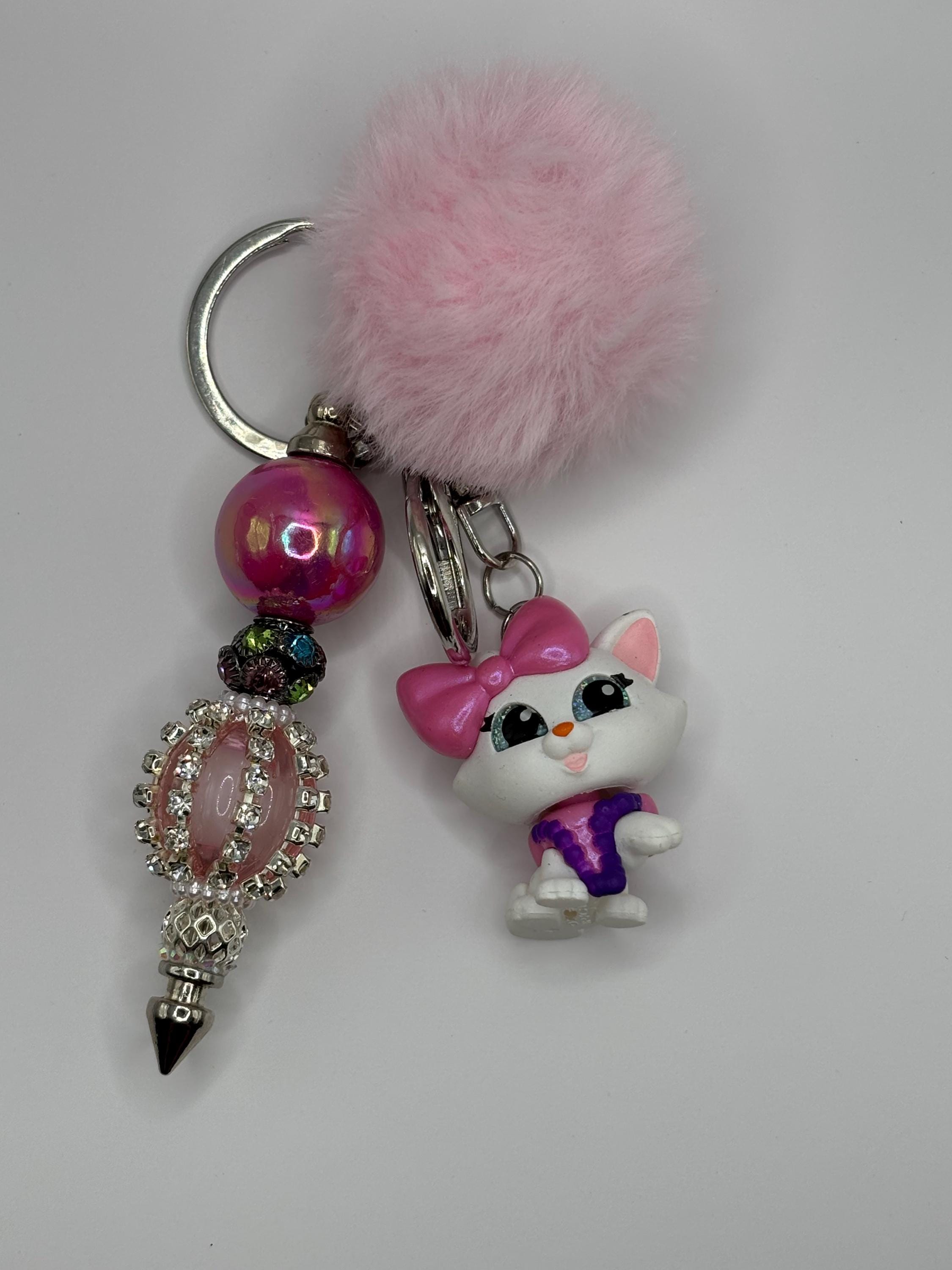 Beaded Character Keychain with Fluffy Pom – Handmade Accessories