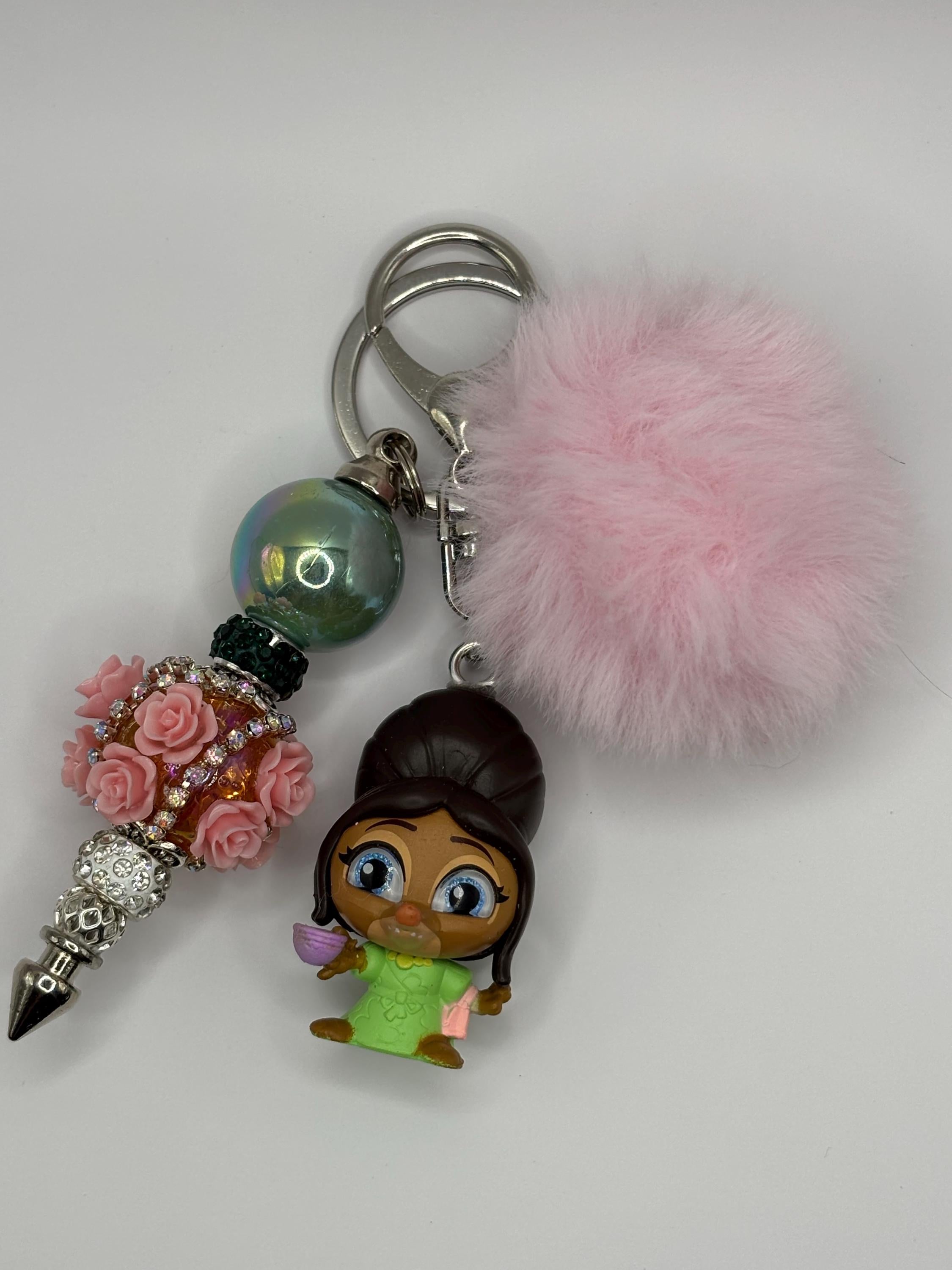 Beaded Character Keychain with Fluffy Pom – Handmade Accessories
