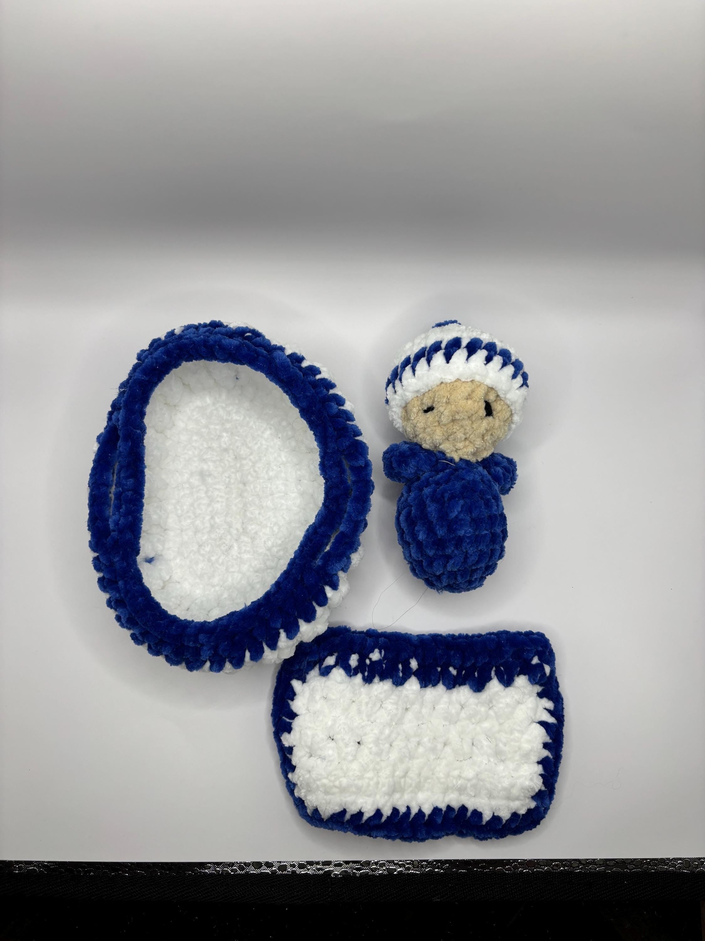 Crochet Baby in Bassinet with Blanket – Soft, Child-Friendly Plush – Handmade Chenille Doll Set
