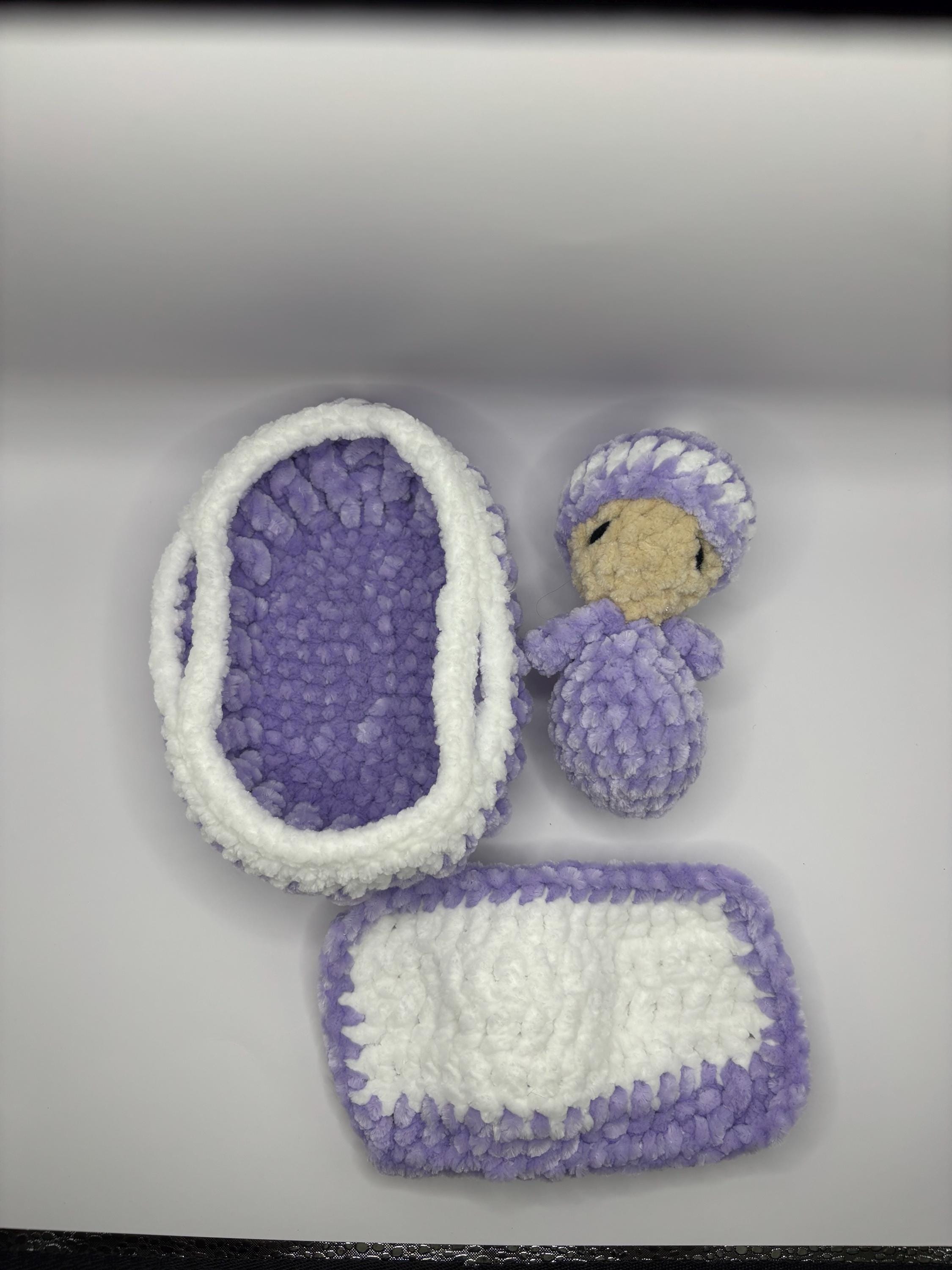 Crochet Baby in Bassinet with Blanket – Soft, Child-Friendly Plush – Handmade Chenille Doll Set