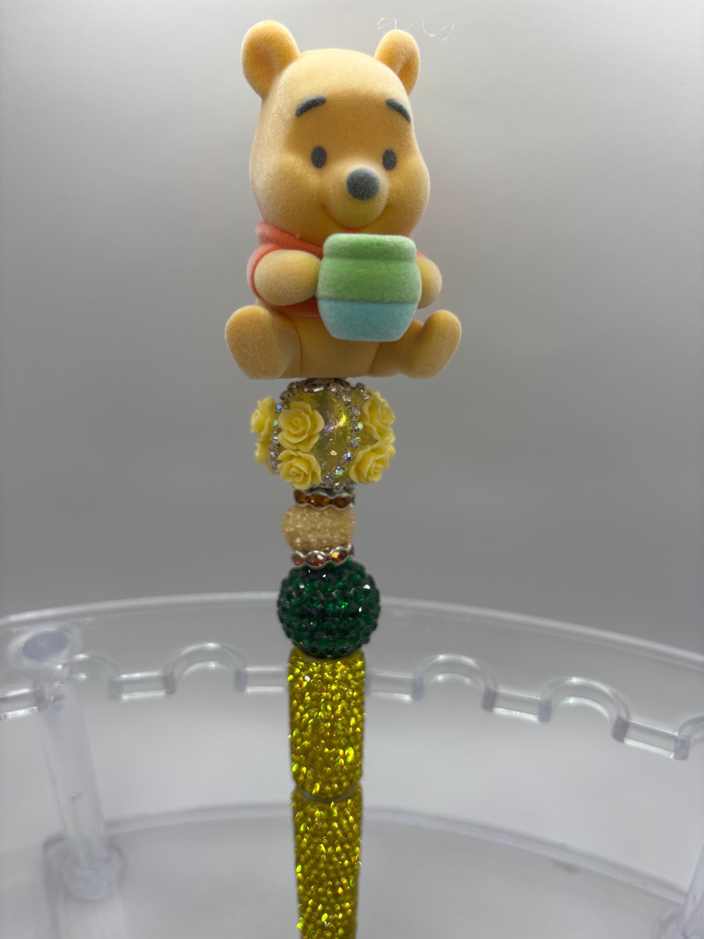 Winnie-the-Pooh Inspired Plush Flocked Topper Beaded Rhinestone Pens – Handmade Sparkle Pens