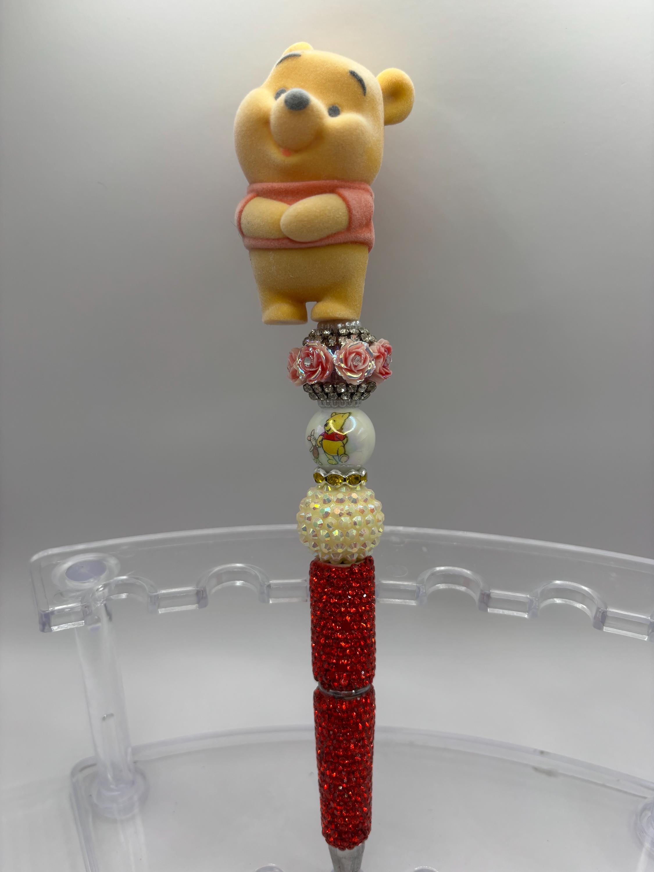 Winnie-the-Pooh Inspired Plush Flocked Topper Beaded Rhinestone Pens – Handmade Sparkle Pens