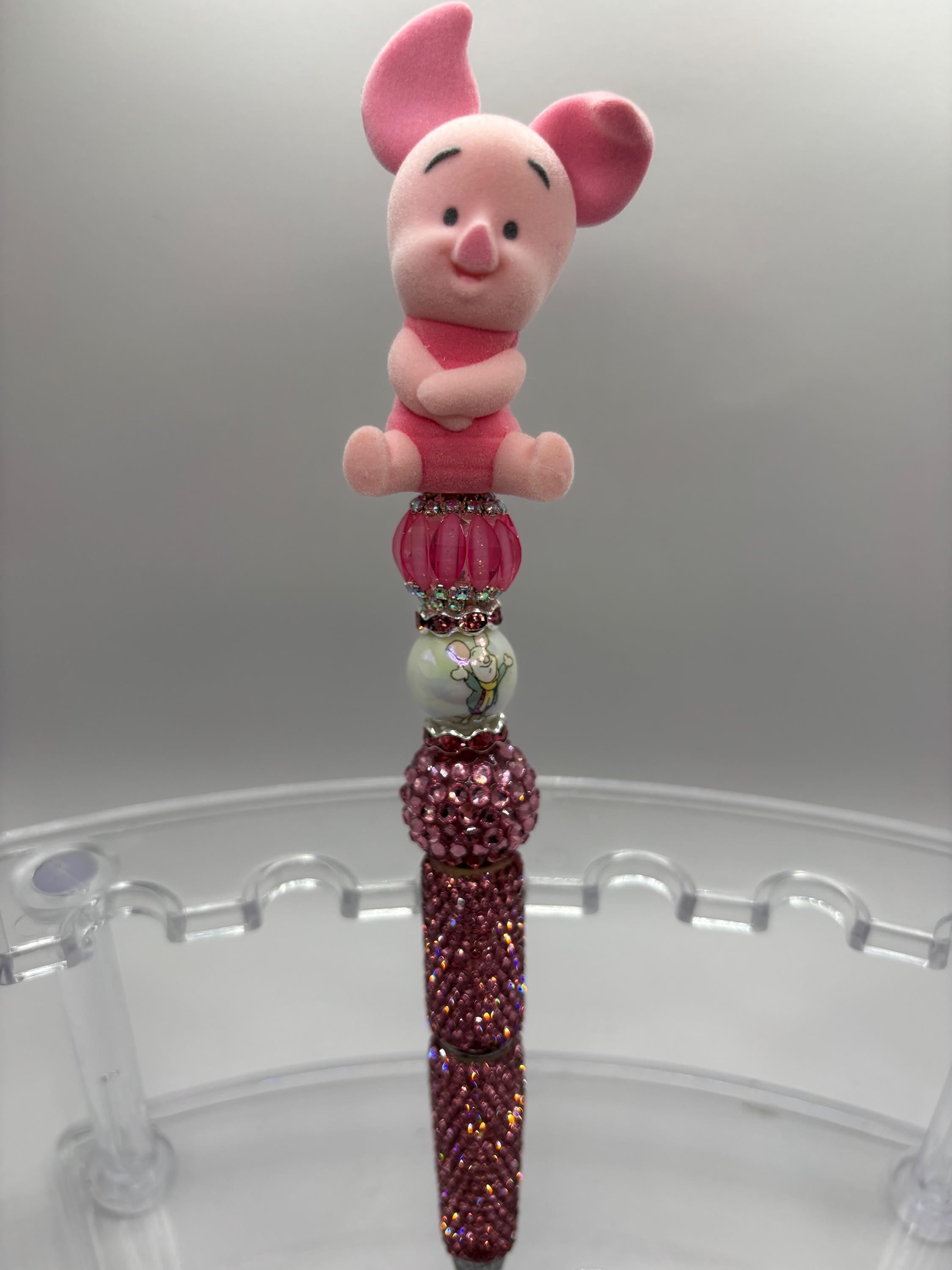 Winnie-the-Pooh Inspired Plush Flocked Topper Beaded Rhinestone Pens – Handmade Sparkle Pens