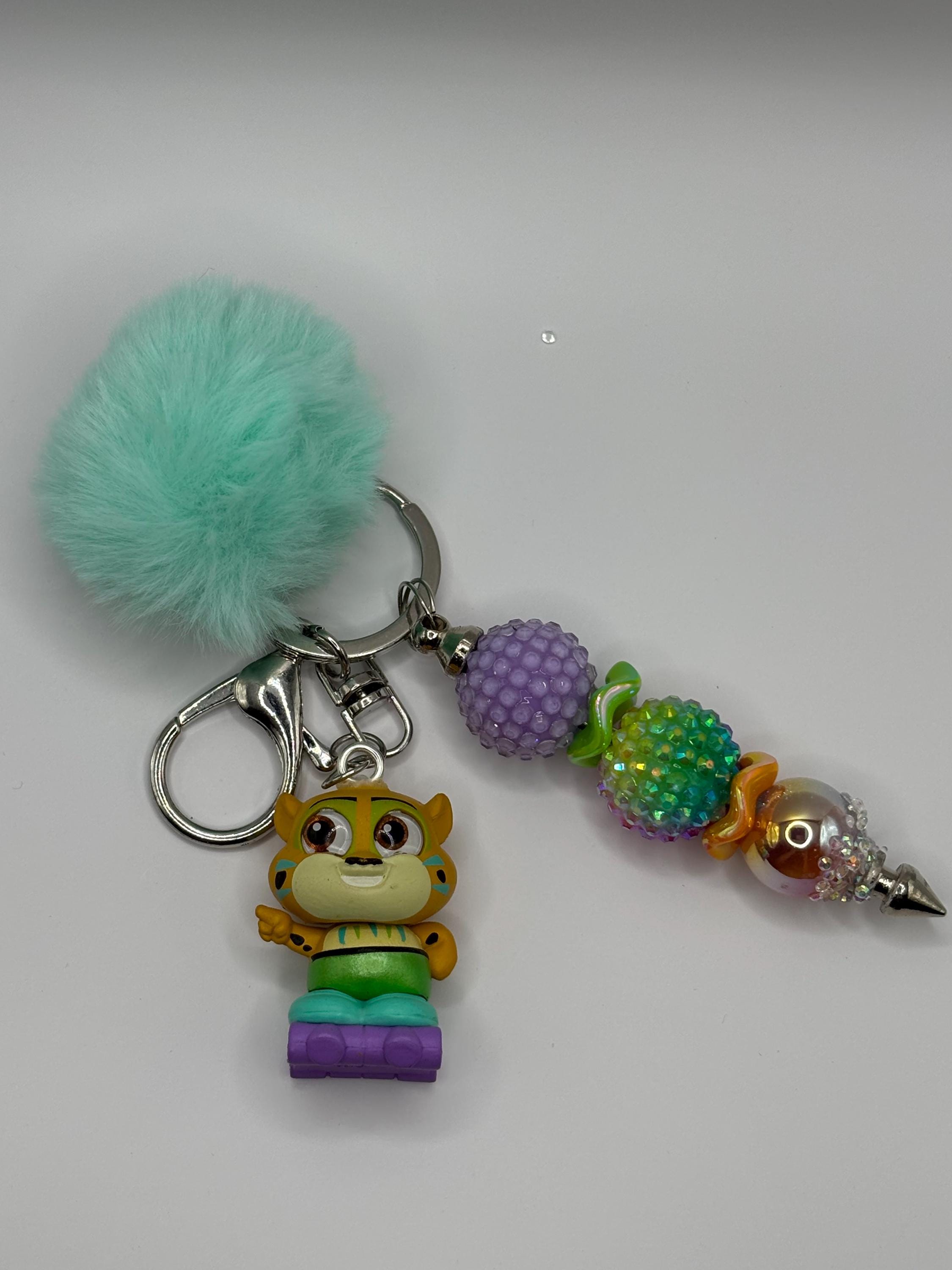Beaded Character Keychain with Fluffy Pom – Handmade Accessories