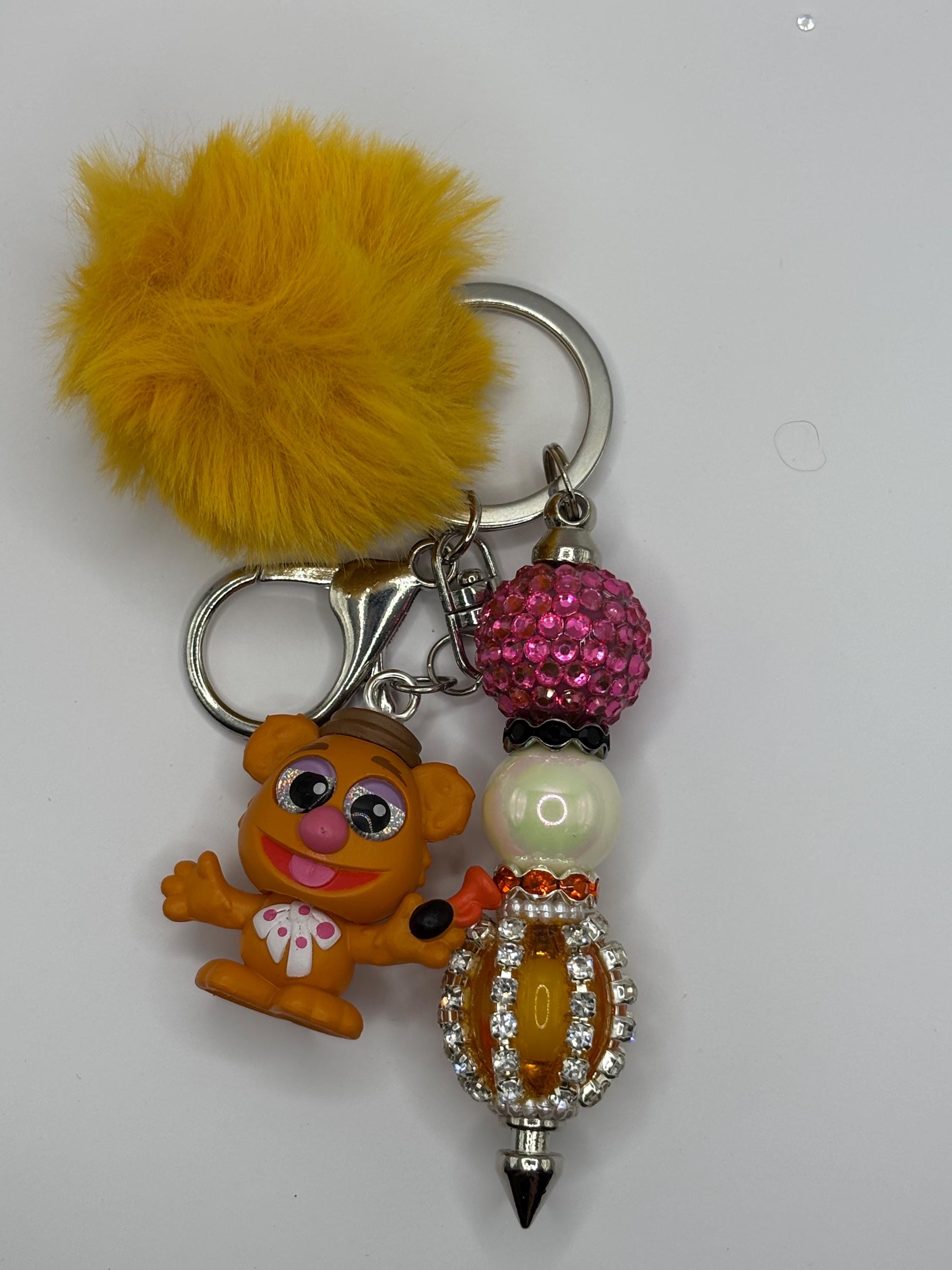 Beaded Character Keychain with Fluffy Pom – Handmade Accessories