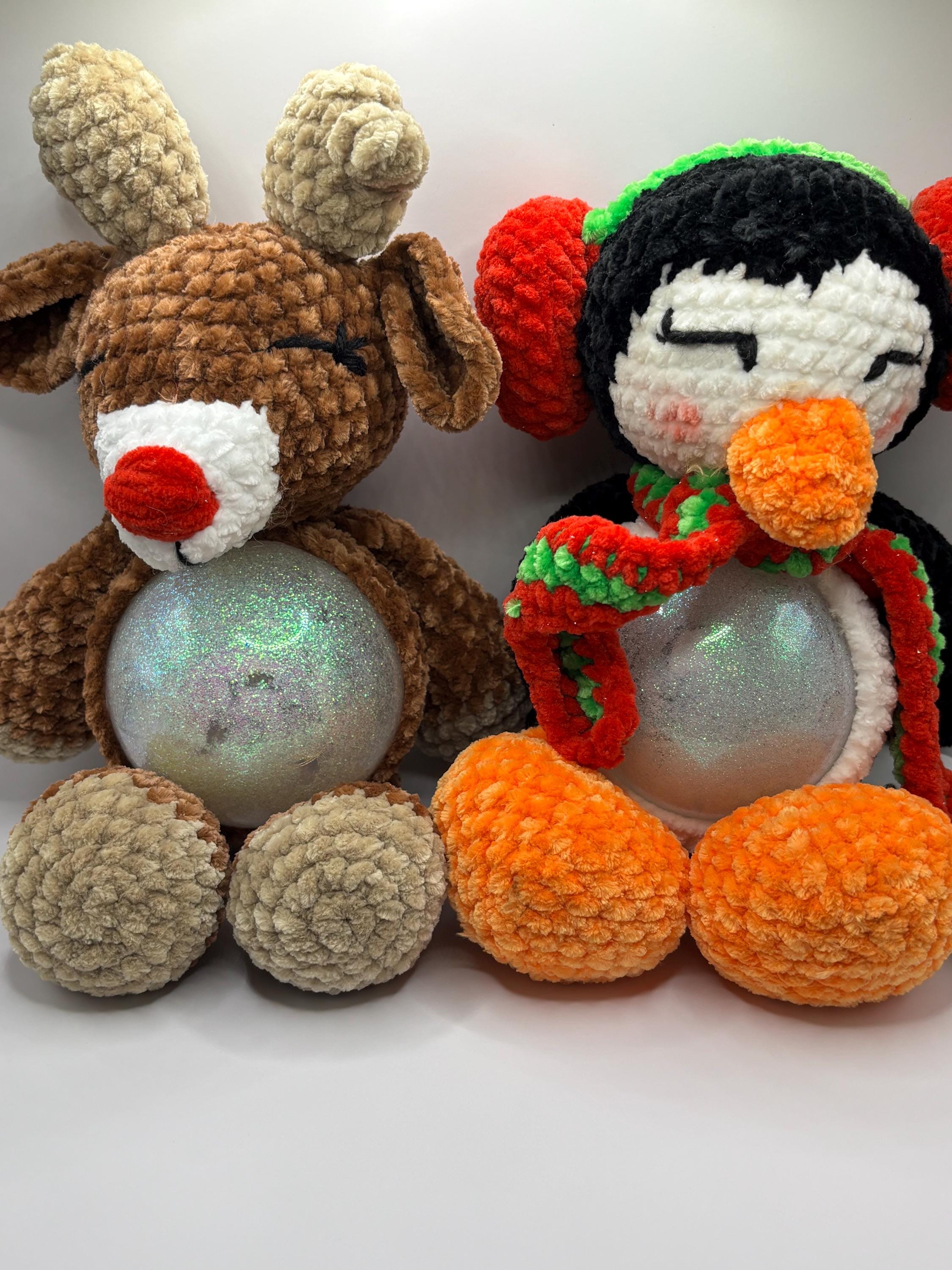 Crocheted Lighted Snow Globe Plush | Handmade Reindeer or Penguin