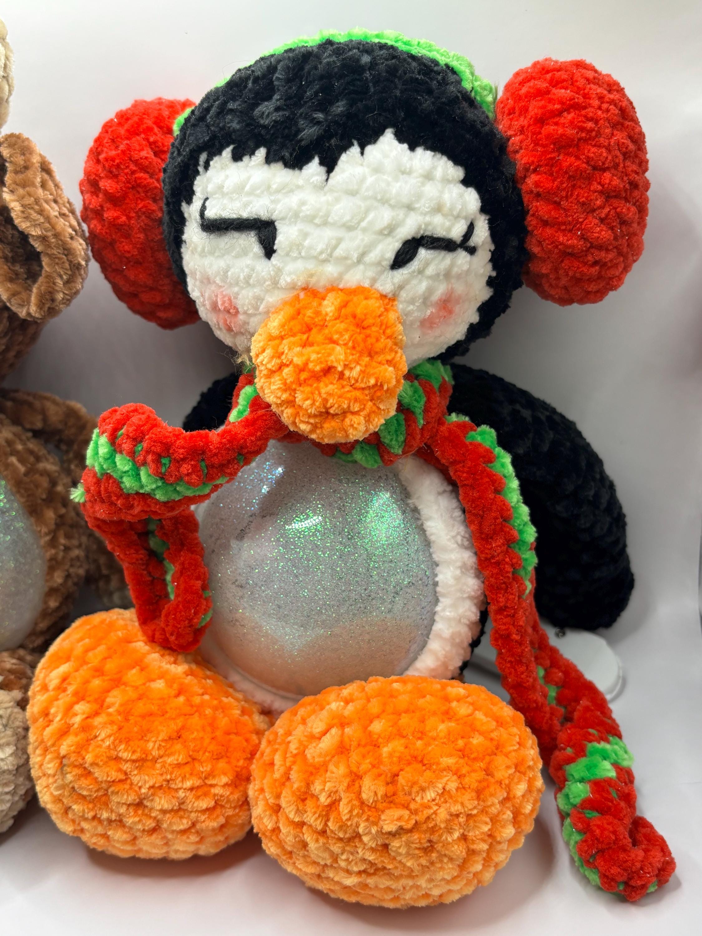 Crocheted Lighted Snow Globe Plush | Handmade Reindeer or Penguin