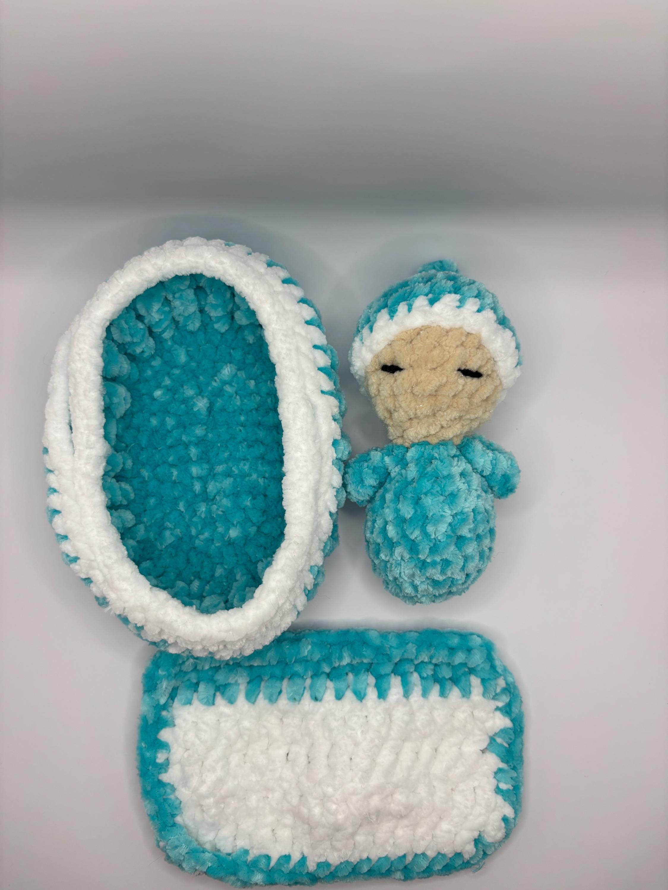 Crochet Baby in Bassinet with Blanket – Soft, Child-Friendly Plush – Handmade Chenille Doll Set