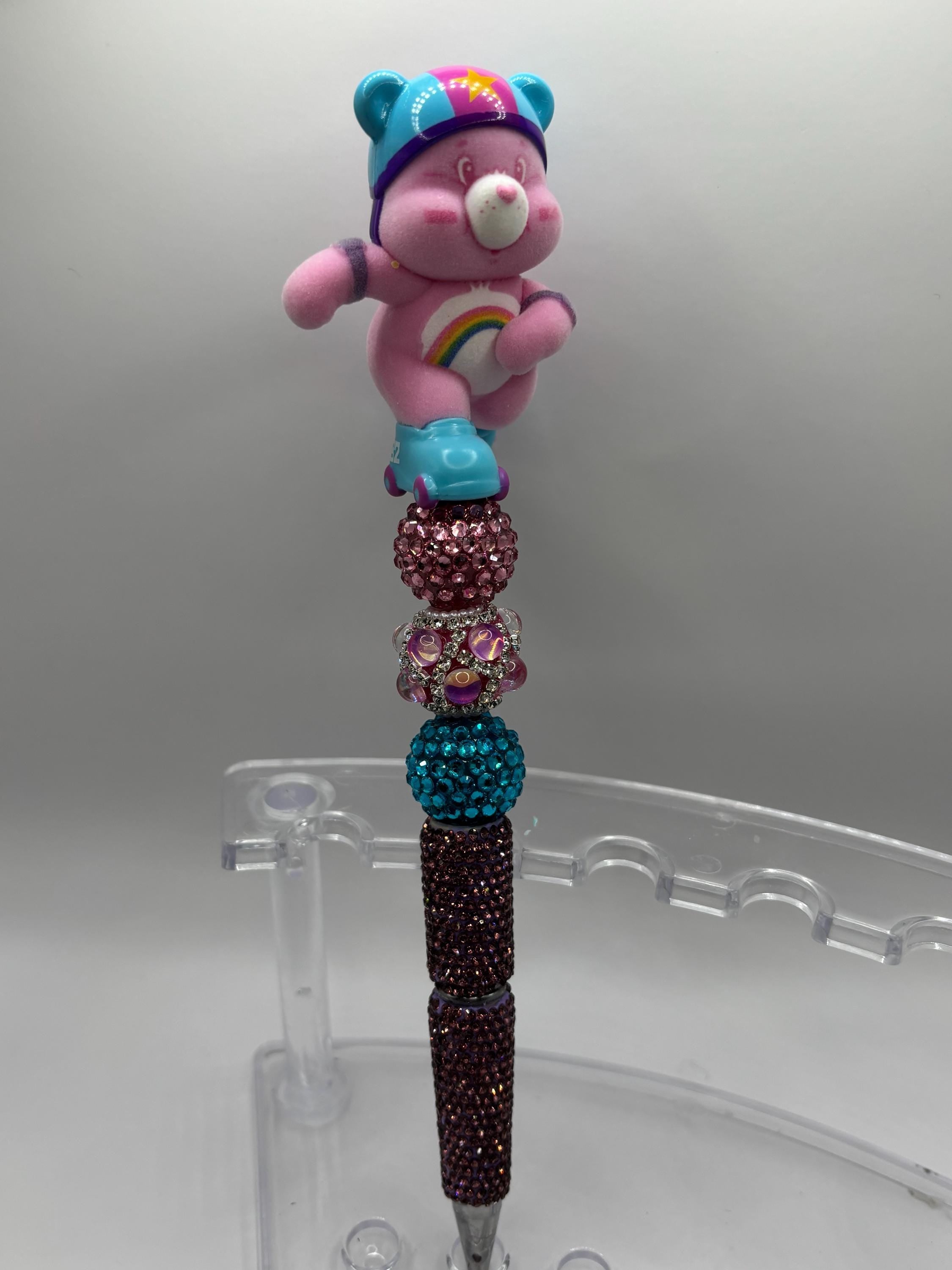 Care Bear Inspired Pen – Handmade Rhinestone Beaded Plush Topper