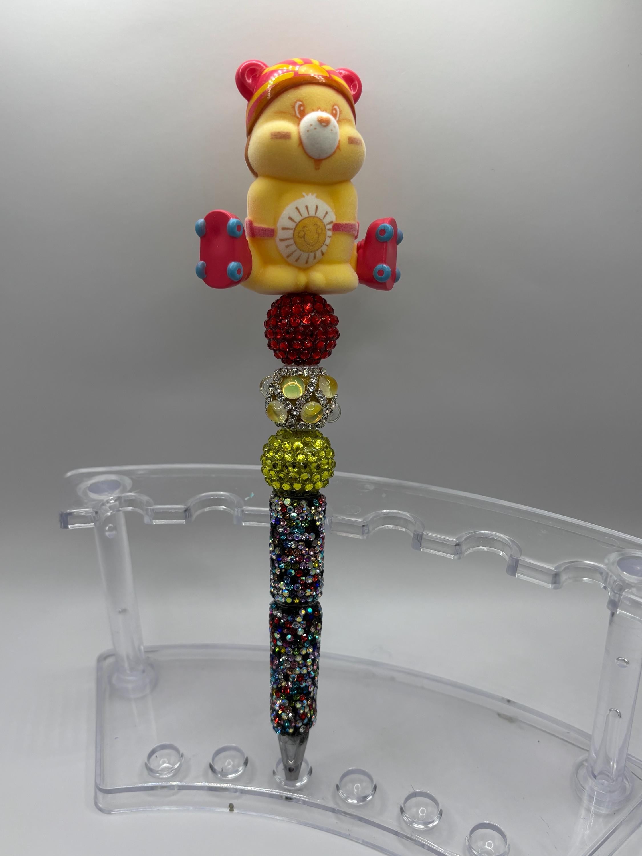 Care Bear Inspired Pen – Handmade Rhinestone Beaded Plush Topper