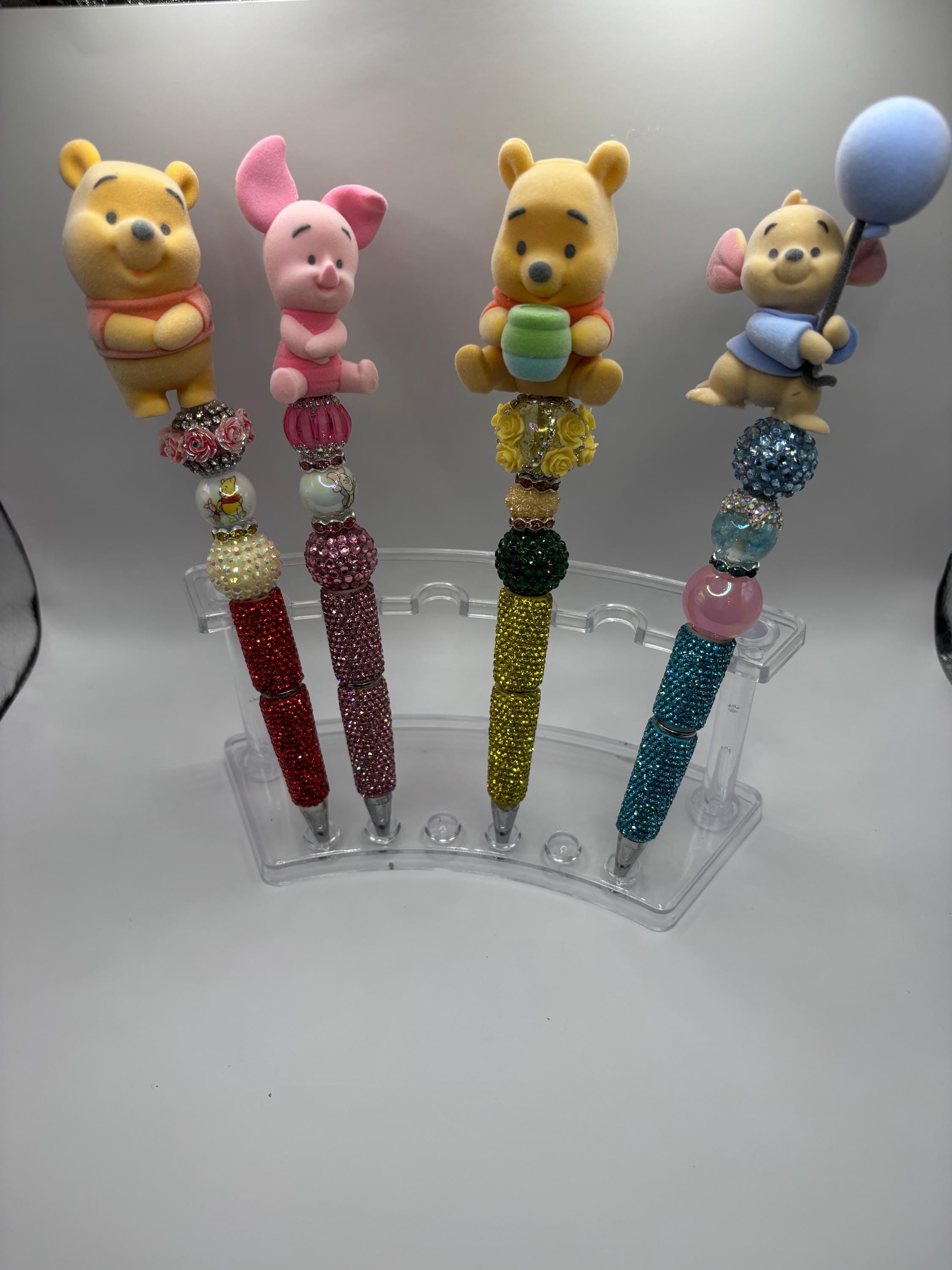 Winnie-the-Pooh Inspired Plush Flocked Topper Beaded Rhinestone Pens – Handmade Sparkle Pens