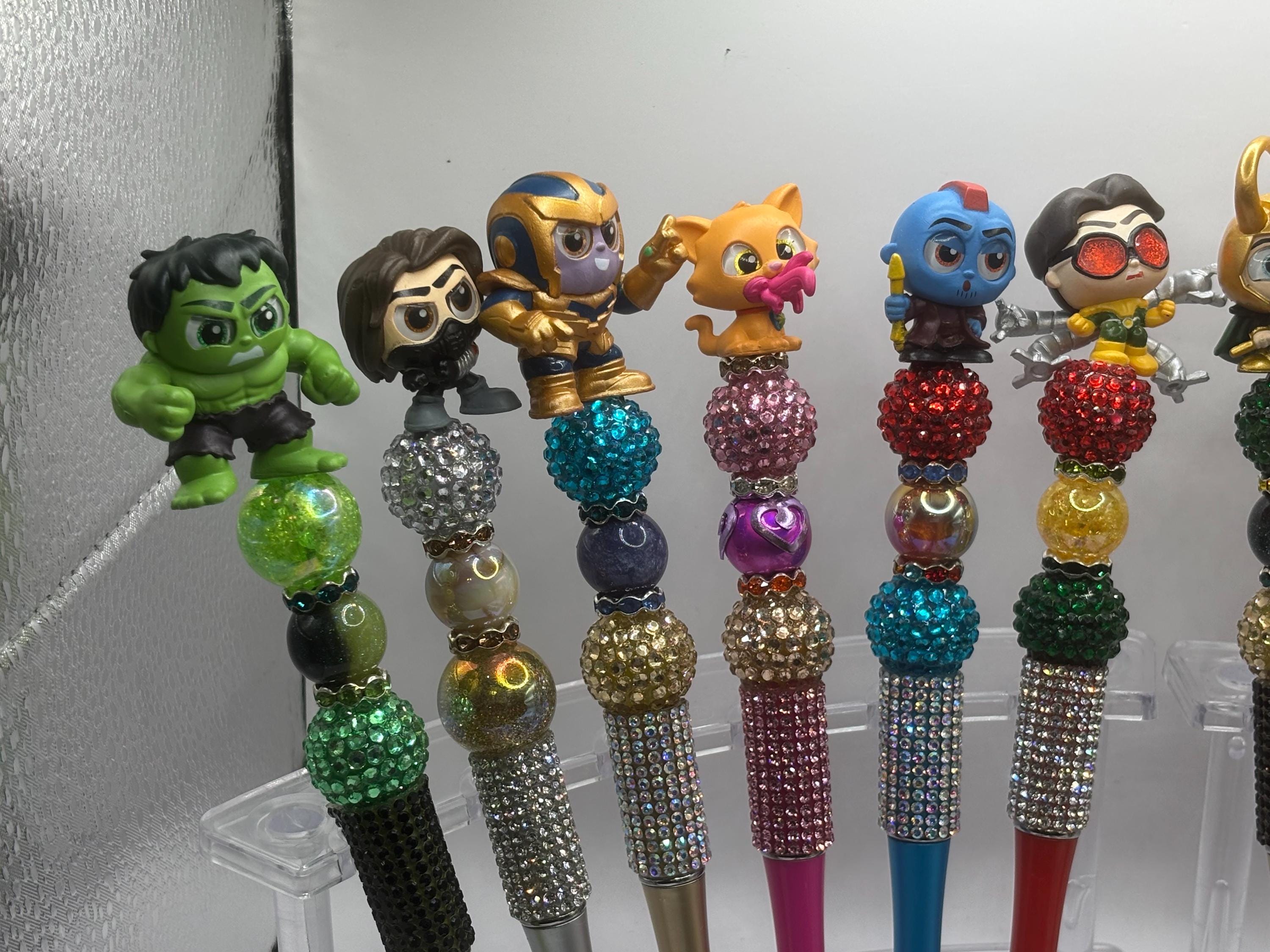 Superhero Character Beaded Pens | Rhinestone Grip, Handmade Novelty Office Supplies