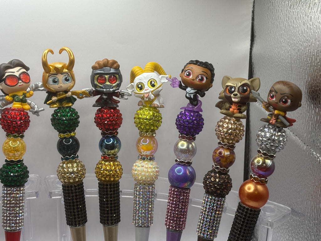 Superhero Character Beaded Pens | Rhinestone Grip, Handmade Novelty Office Supplies