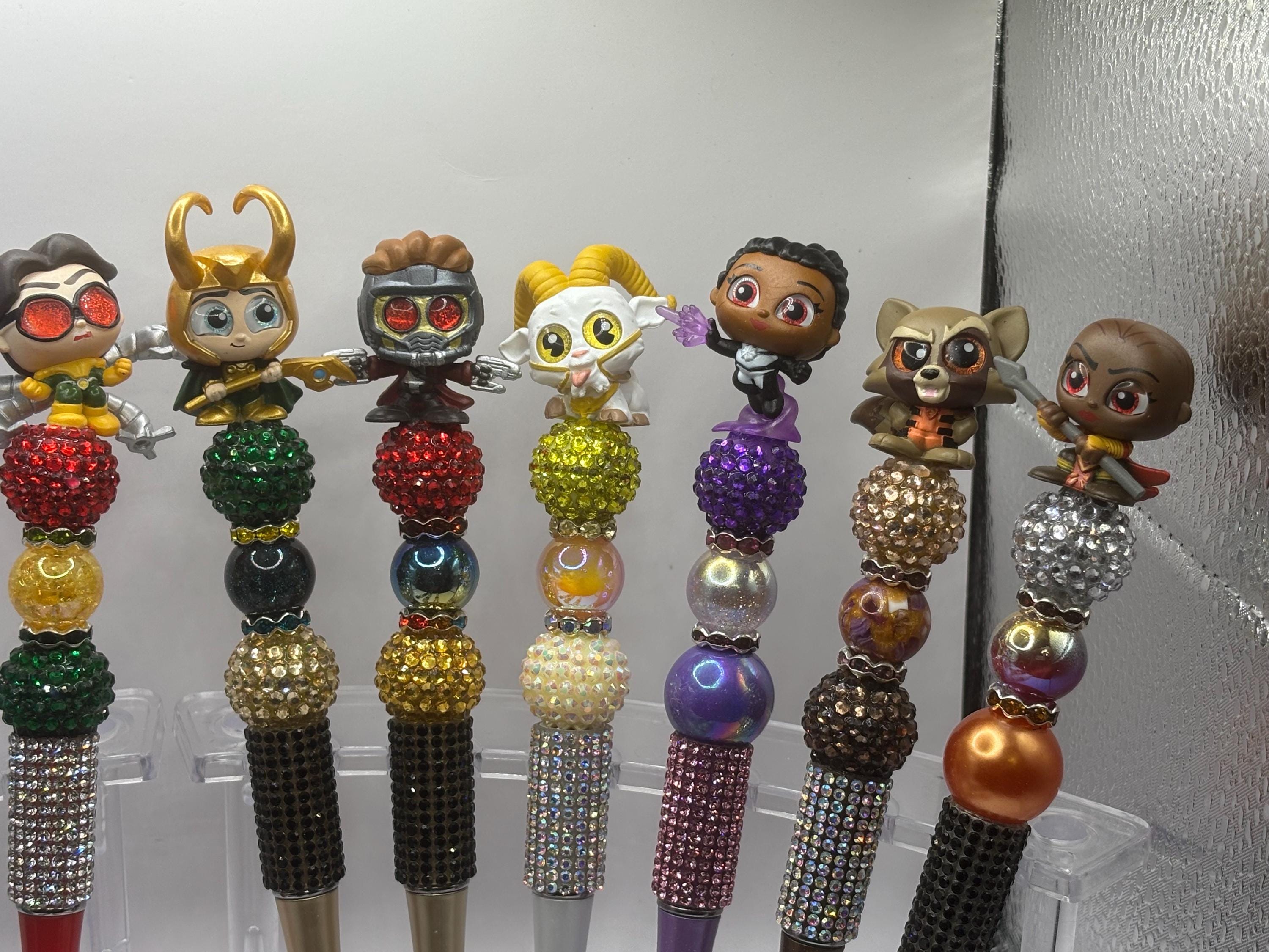 Superhero Character Beaded Pens | Rhinestone Grip, Handmade Novelty Office Supplies