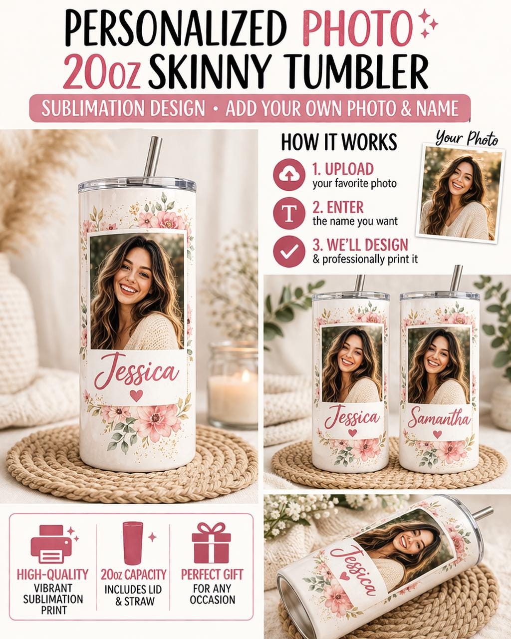 Personalized Photo 20oz Skinny Tumbler, Custom Name Sublimation Cup