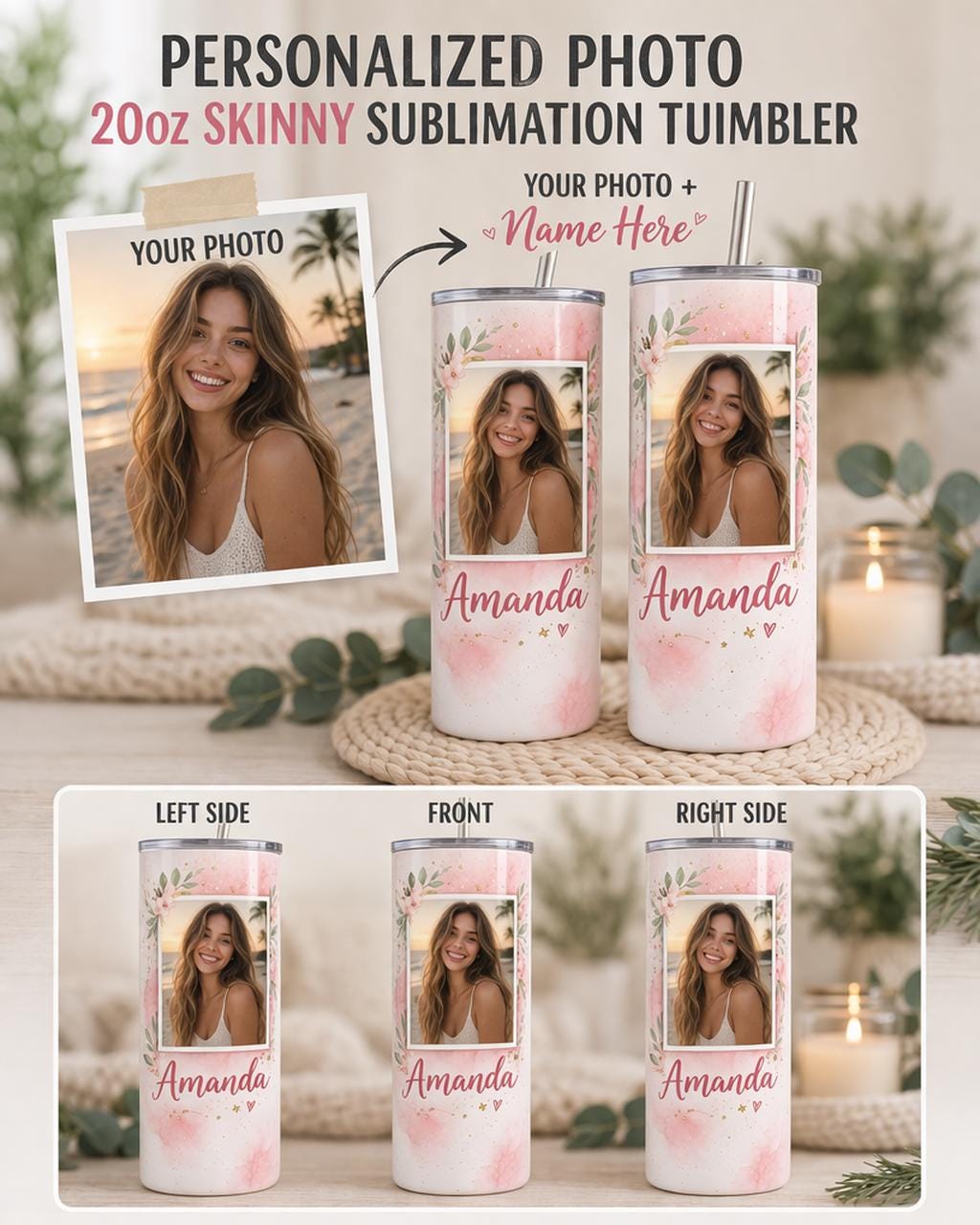 Personalized Photo 20oz Skinny Tumbler, Custom Name Sublimation Cup