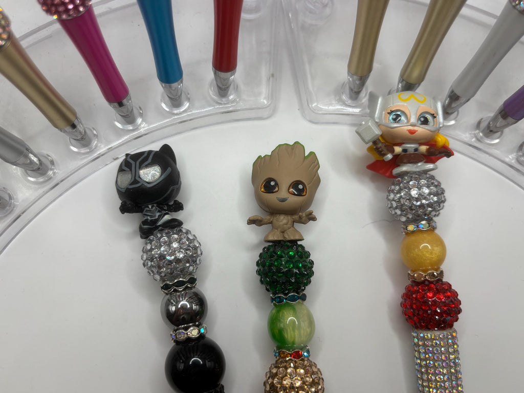Superhero Character Beaded Pens | Rhinestone Grip, Handmade Novelty Office Supplies