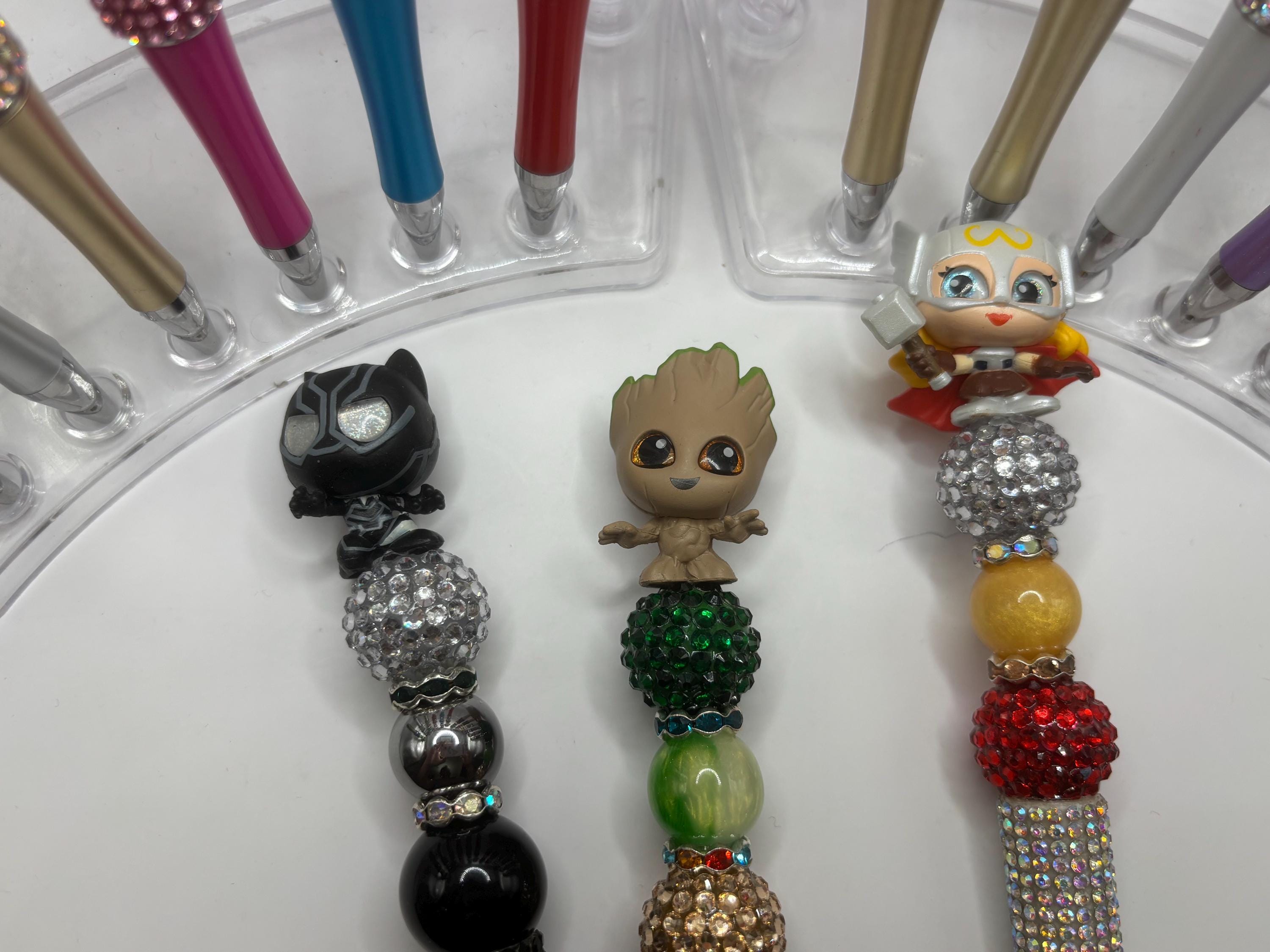 Superhero Character Beaded Pens | Rhinestone Grip, Handmade Novelty Office Supplies