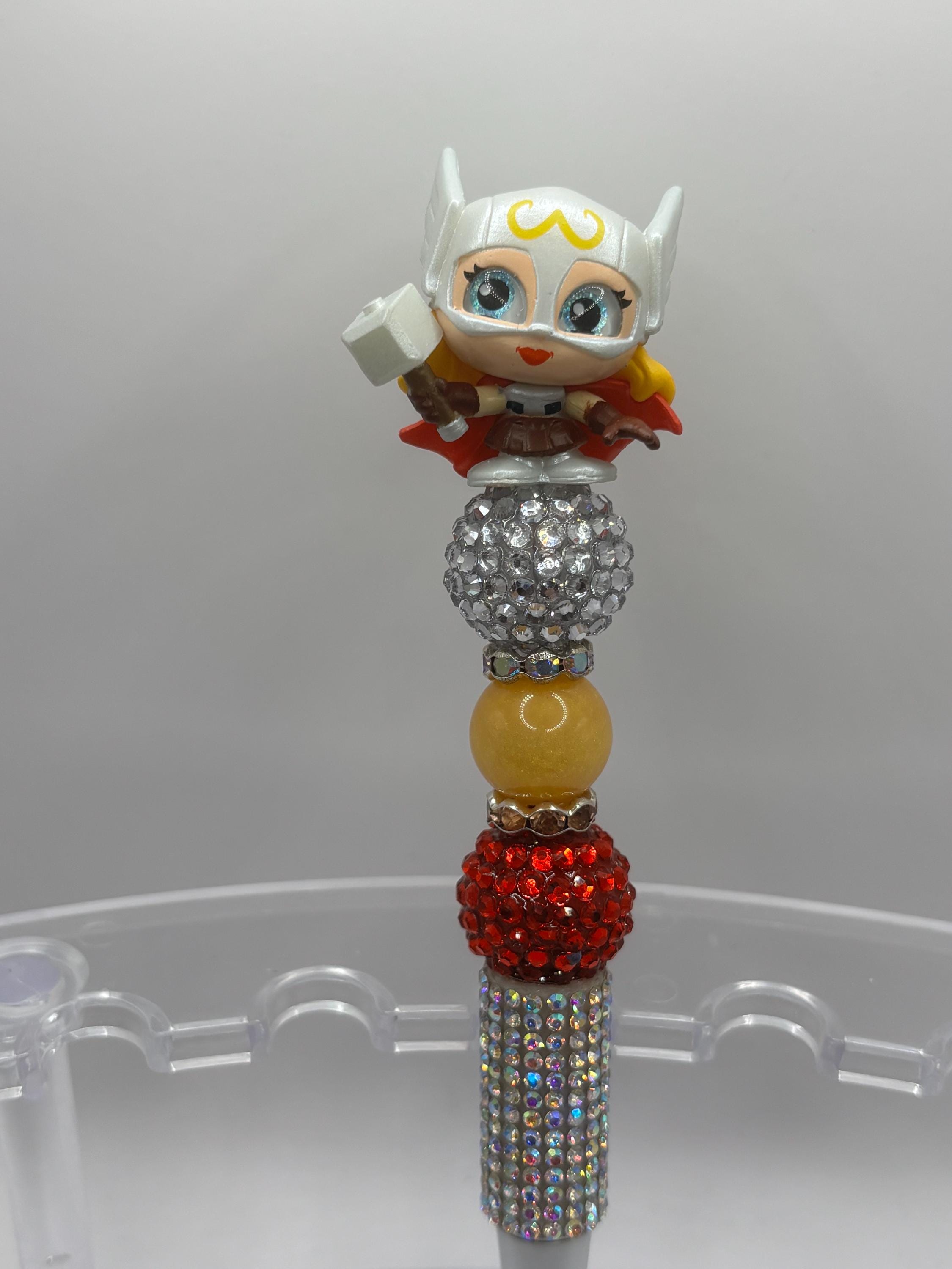 Superhero Character Beaded Pens | Rhinestone Grip, Handmade Novelty Office Supplies