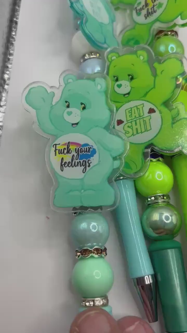 Swear Care Bear Pens • Funny Adult Humor Beaded Pens + Extra Black Ink Refill