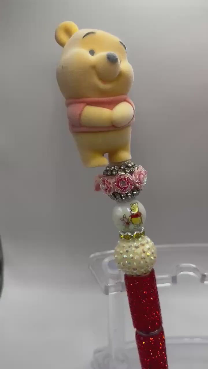 Winnie-the-Pooh Inspired Plush Flocked Topper Beaded Rhinestone Pens – Handmade Sparkle Pens