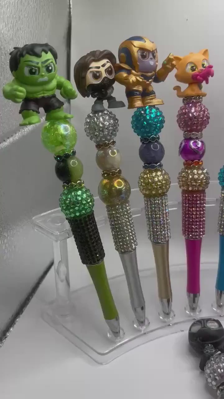 Superhero Character Beaded Pens | Rhinestone Grip, Handmade Novelty Office Supplies
