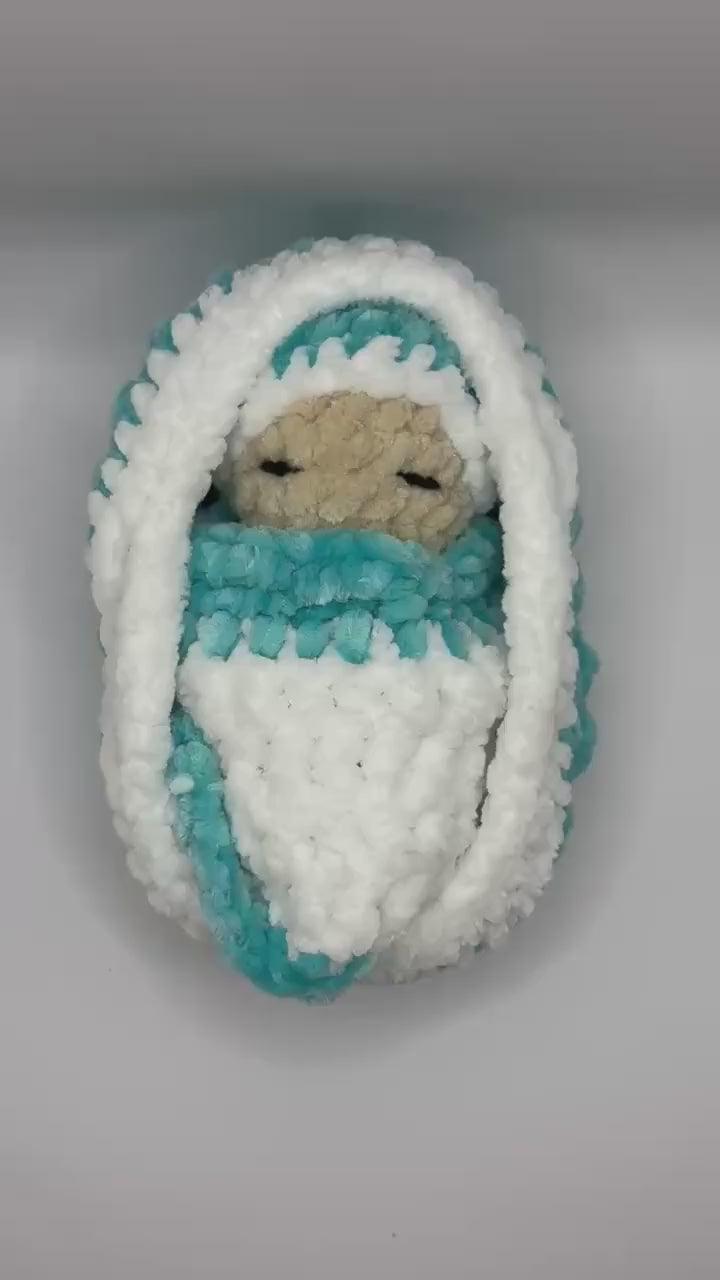 Crochet Baby in Bassinet with Blanket – Soft, Child-Friendly Plush – Handmade Chenille Doll Set